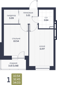 Квартира 34 м², 1-комнатная - изображение 1