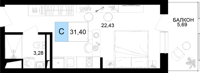 Квартира 31,4 м², студия - изображение 1