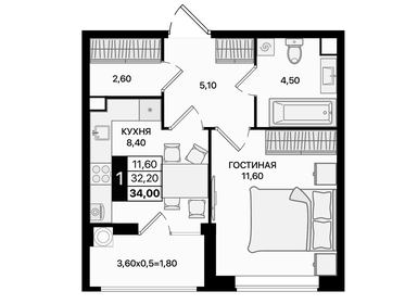 Квартира 34 м², 1-комнатная - изображение 1
