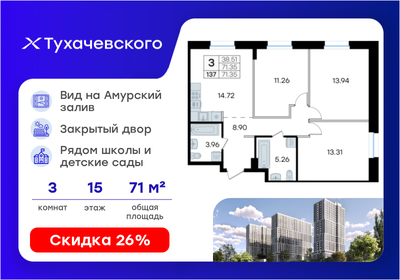 Квартира 71,4 м², 3-комнатная - изображение 1