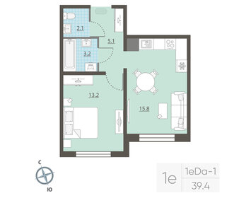 Квартира 39,4 м², 1-комнатная - изображение 2