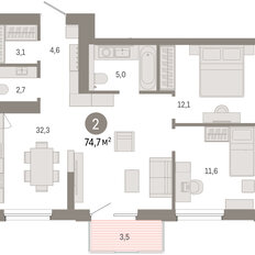 Квартира 74,7 м², 2-комнатная - изображение 2