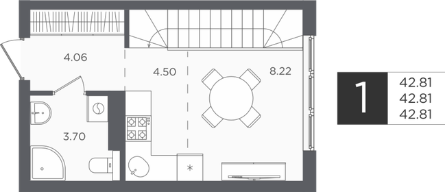 Квартира 42,8 м², 1-комнатная - изображение 1