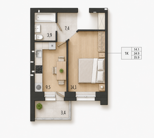 Квартира 35,9 м², 1-комнатная - изображение 1