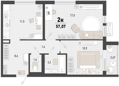 Квартира 57,1 м², 2-комнатная - изображение 1