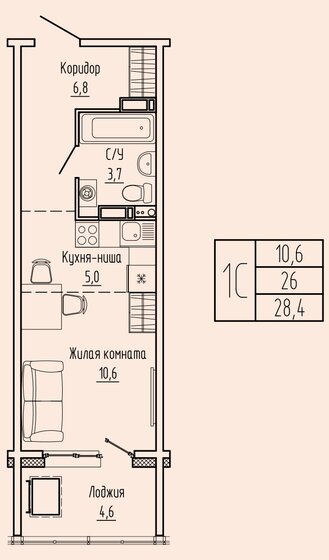 28,4 м², 1-комнатная квартира 4 004 400 ₽ - изображение 1