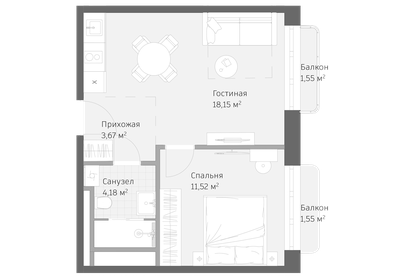 Квартира 40,6 м², 2-комнатные - изображение 1
