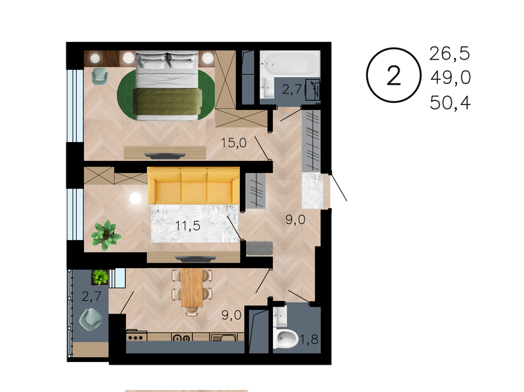 50,4 м², 2-комнатная квартира 6 879 599 ₽ - изображение 1