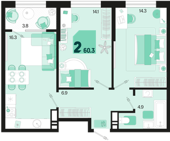 Квартира 60,3 м², 2-комнатная - изображение 1