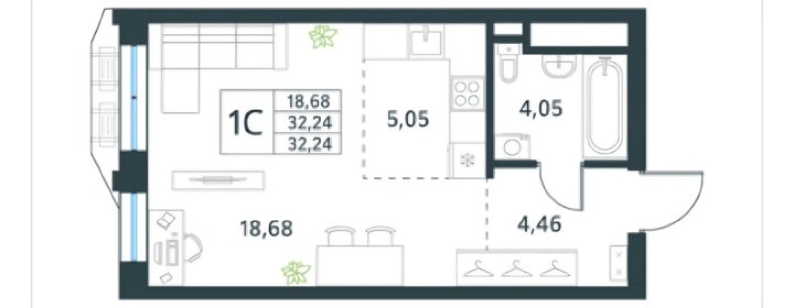 Квартира 32 м², студия - изображение 1