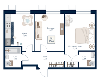 Квартира 58,9 м², 2-комнатная - изображение 1
