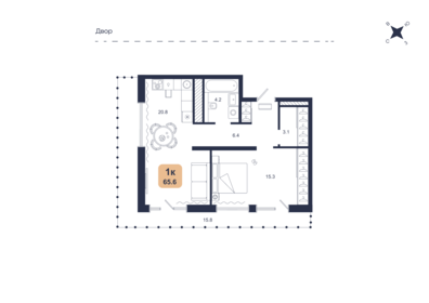 Квартира 65,6 м², 1-комнатная - изображение 1