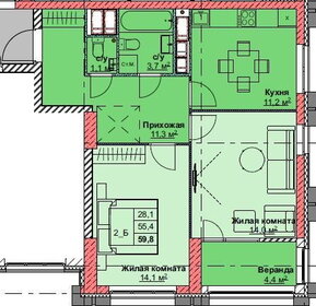 Квартира 59,8 м², 2-комнатная - изображение 1