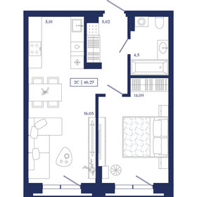 Квартира 46,3 м², 2-комнатная - изображение 1