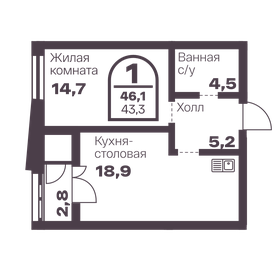 Квартира 43,3 м², 1-комнатная - изображение 1