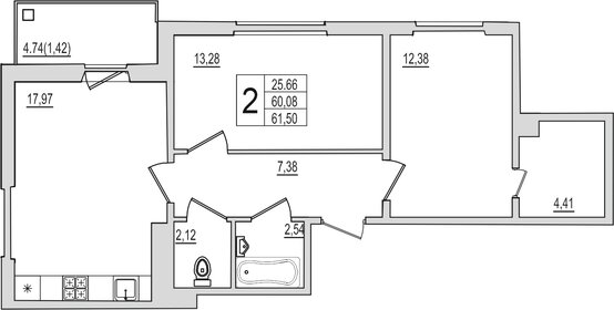 Квартира 61,5 м², 2-комнатная - изображение 1