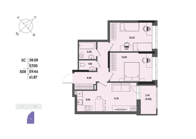 Квартира 59,5 м², 3-комнатная - изображение 1