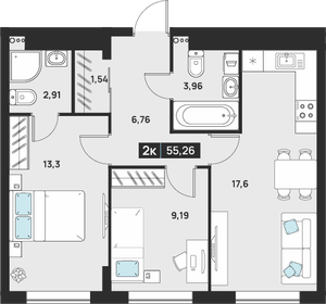 Квартира 55,3 м², 2-комнатная - изображение 1