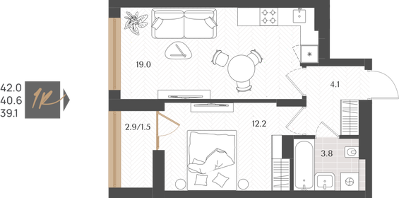 Квартира 40,6 м², 1-комнатная - изображение 1
