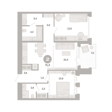 Квартира 71,3 м², 2-комнатная - изображение 2