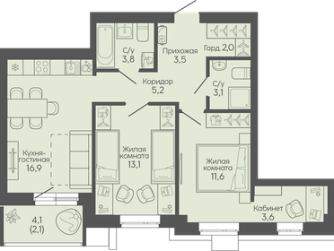 Квартира 64,9 м², 2-комнатная - изображение 1