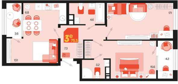 Квартира 75,5 м², 3-комнатная - изображение 1