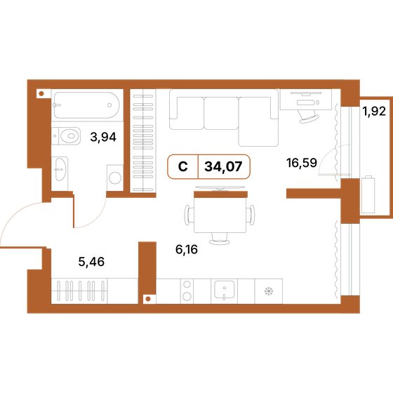 34,2 м², квартира-студия 3 890 000 ₽ - изображение 13