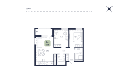 Квартира 62,6 м², 2-комнатная - изображение 1