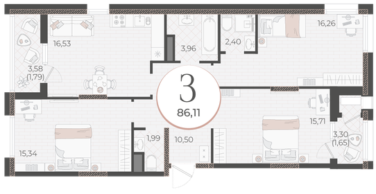Квартира 86,1 м², 3-комнатная - изображение 1