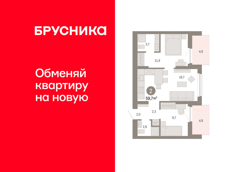 35 м², 1-комнатная квартира 4 800 000 ₽ - изображение 99