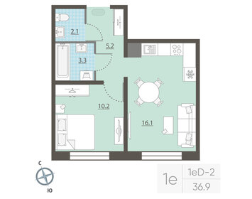 Квартира 36,9 м², 1-комнатная - изображение 2