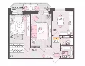 Квартира 67,2 м², 2-комнатная - изображение 1
