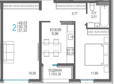 Квартира 51,3 м², 2-комнатная - изображение 1