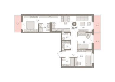 Квартира 91,7 м², 3-комнатная - изображение 1