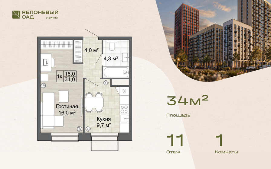 34,3 м², 1-комнатная квартира 5 789 840 ₽ - изображение 31