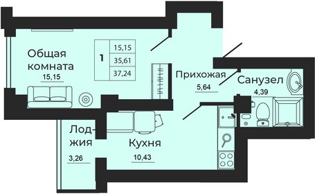 Квартира 37,2 м², 1-комнатная - изображение 1