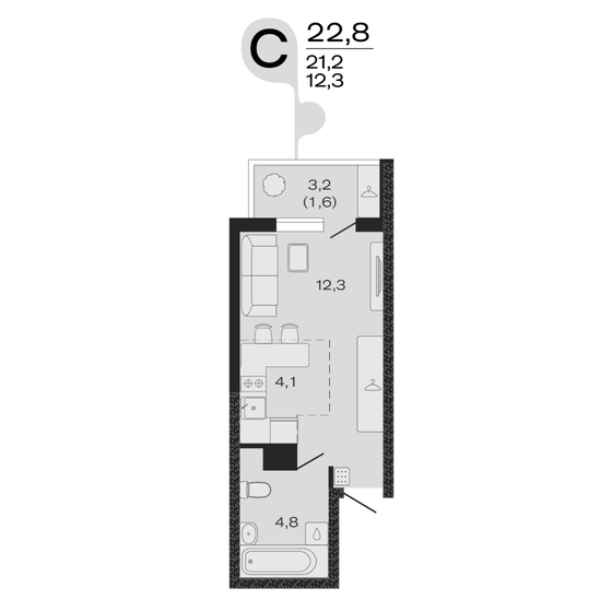 22,8 м², квартира-студия 4 309 200 ₽ - изображение 1