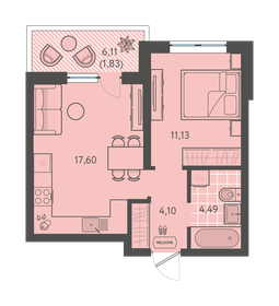 Квартира 39,2 м², 1-комнатная - изображение 1