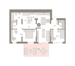 Квартира 102 м², 2-комнатная - изображение 1