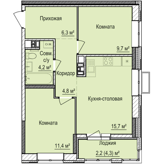 55,4 м², 3-комнатная квартира 5 350 000 ₽ - изображение 77