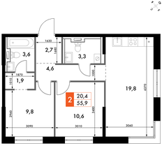 Квартира 55,9 м², 2-комнатная - изображение 2