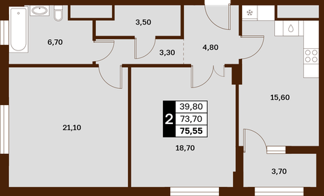 Квартира 75,6 м², 2-комнатная - изображение 1