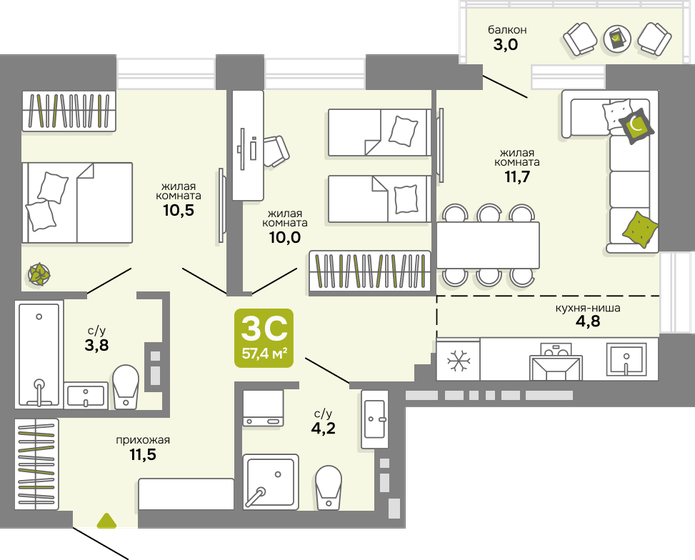 57,4 м², 3-комнатная квартира 10 050 000 ₽ - изображение 1