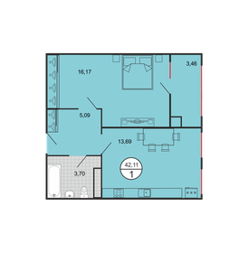 Квартира 42,1 м², 1-комнатная - изображение 1