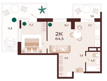 Квартира 64,5 м², 2-комнатная - изображение 1