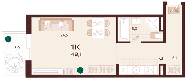 Квартира 48,1 м², 1-комнатная - изображение 1