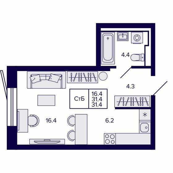 29,3 м², квартира-студия 7 400 000 ₽ - изображение 31
