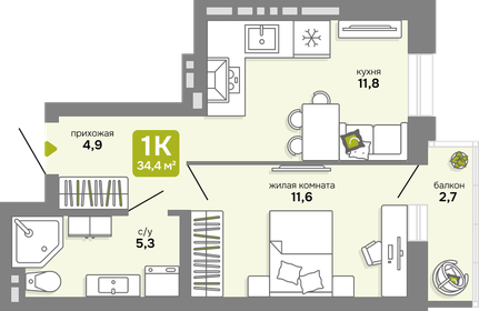 Квартира 34,4 м², 1-комнатная - изображение 1