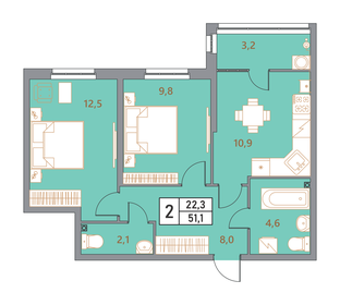 Квартира 51,1 м², 2-комнатная - изображение 1
