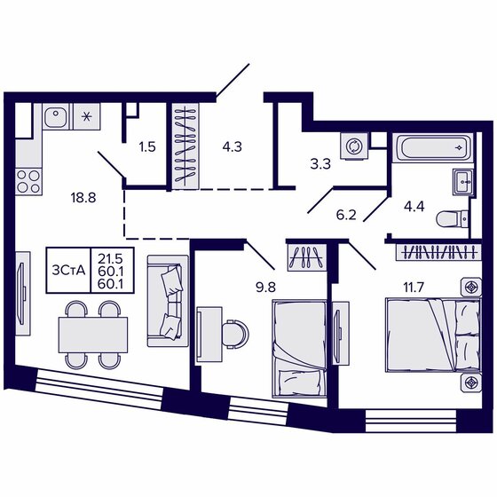 63,1 м², 3-комнатная квартира 15 800 000 ₽ - изображение 28
